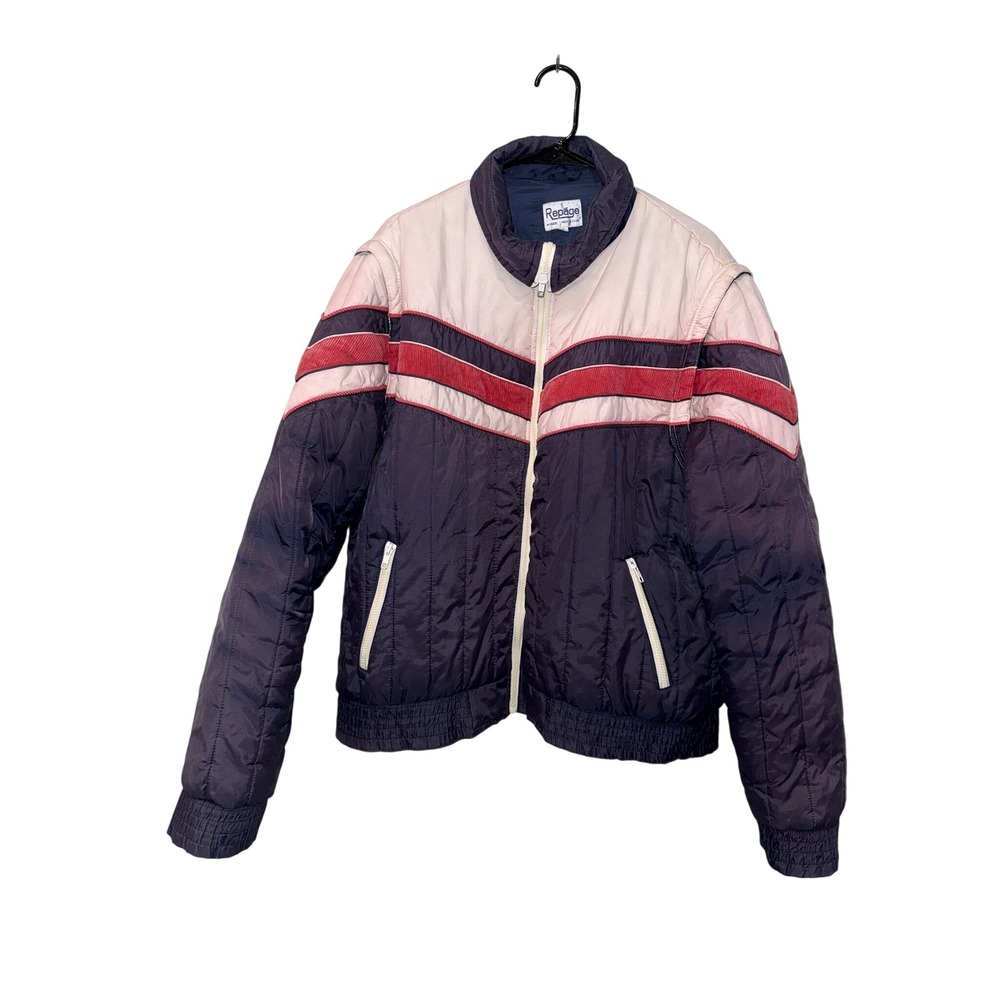 Vintage 80s Repage Puffer Jacket Navy White Red Corduroy Stripe Quilted L G3711